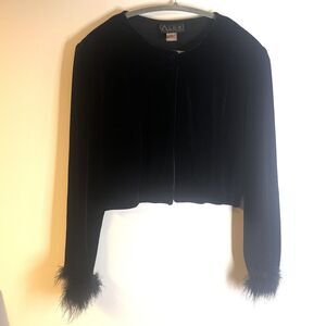 Alex Evenings Vintage Y2k Black Velvet Feather Trim Cropped Cardigan size large